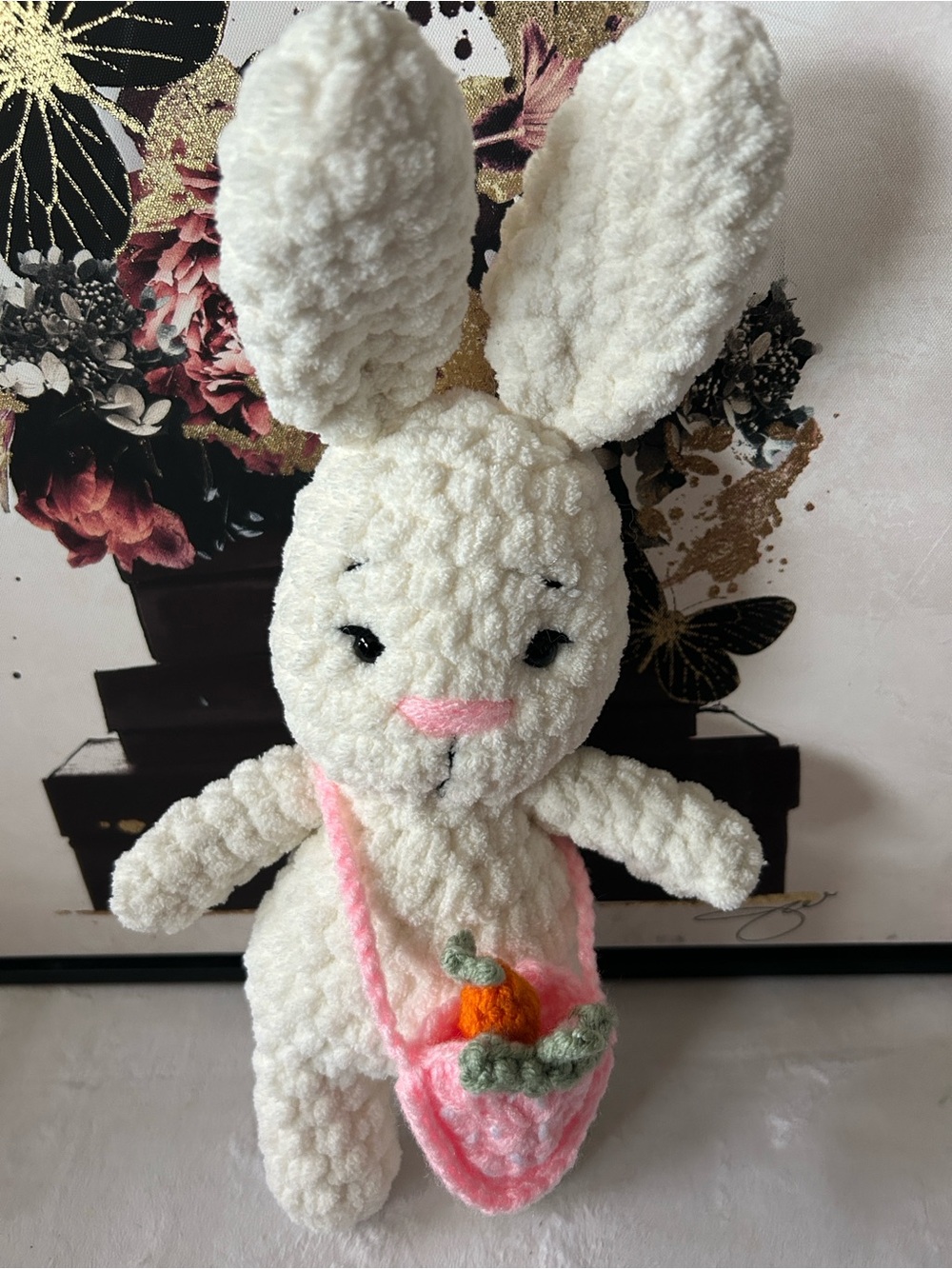 Handmade Plush Bunny with Strawberry Bag and Carrot - Picture 2 of 5